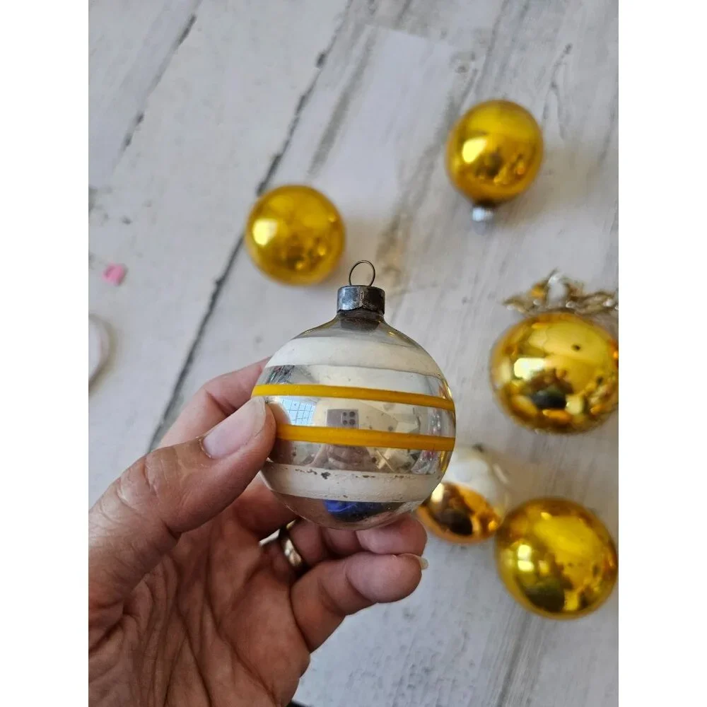 Vintage Mercury glass yellow ball ornament‎ set striped glitter tinsel